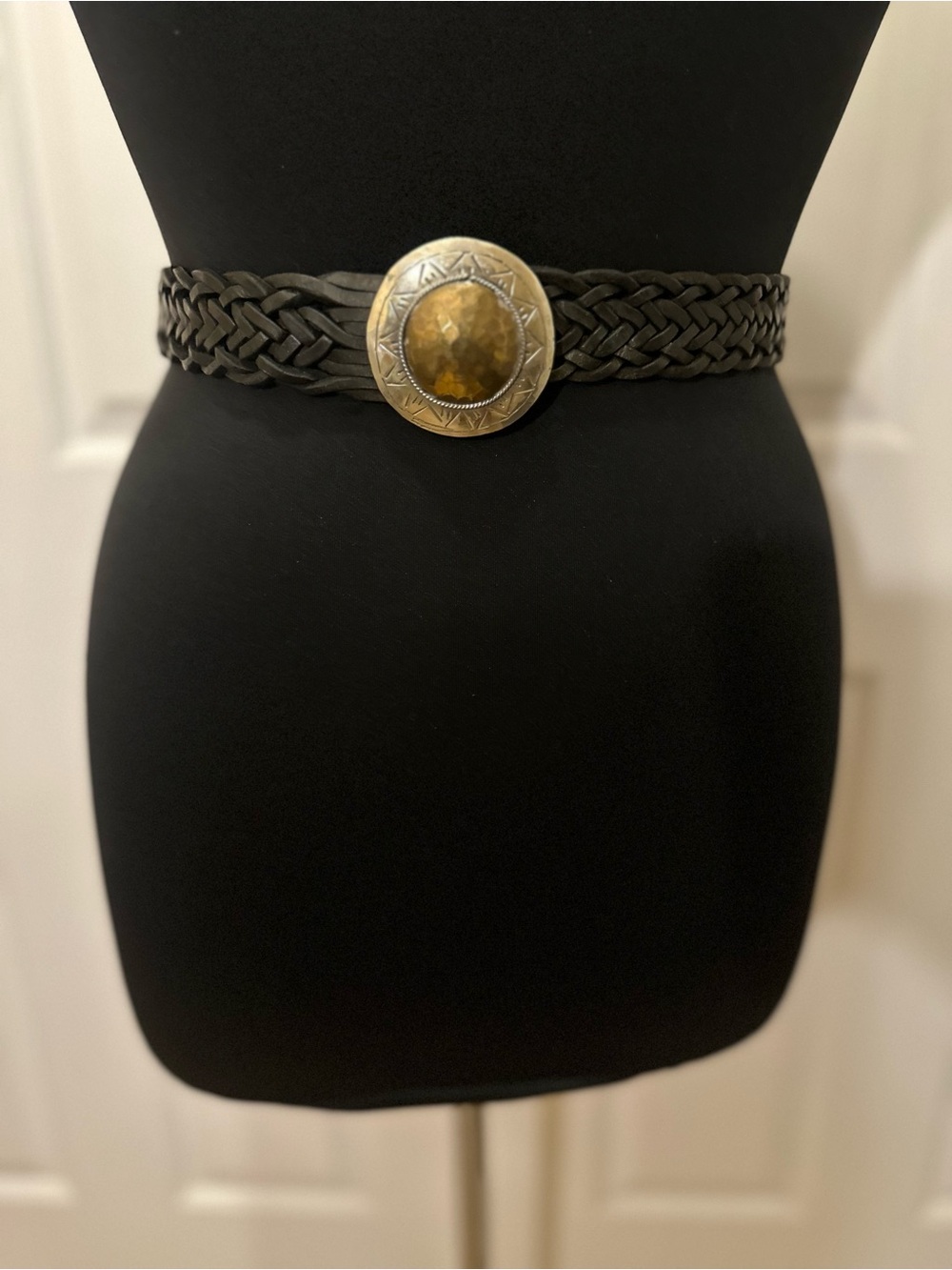 Vintage MoroccoBraded Black Leather Belt with Hammered Gold Tone Medallion